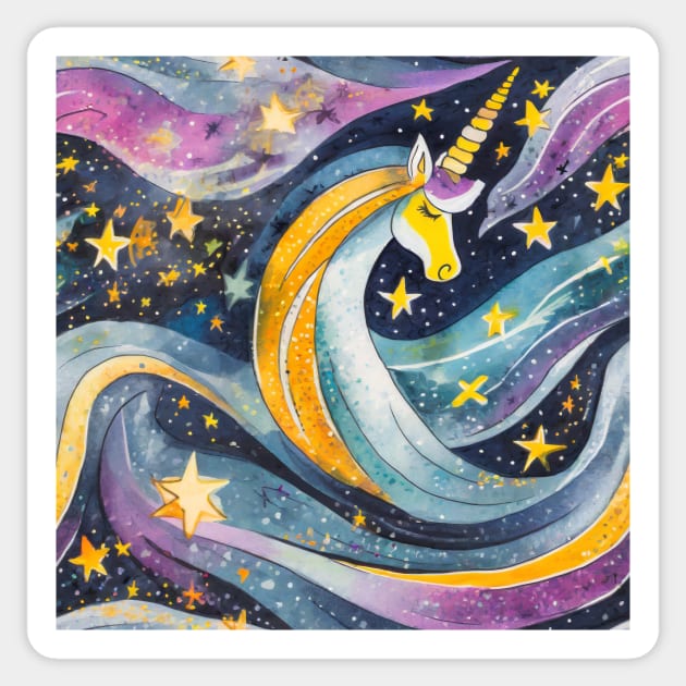 Geometric pattern of curved seamless stripes making a starry night with galaxy, stars and unicorn Sticker by mooonthemoon